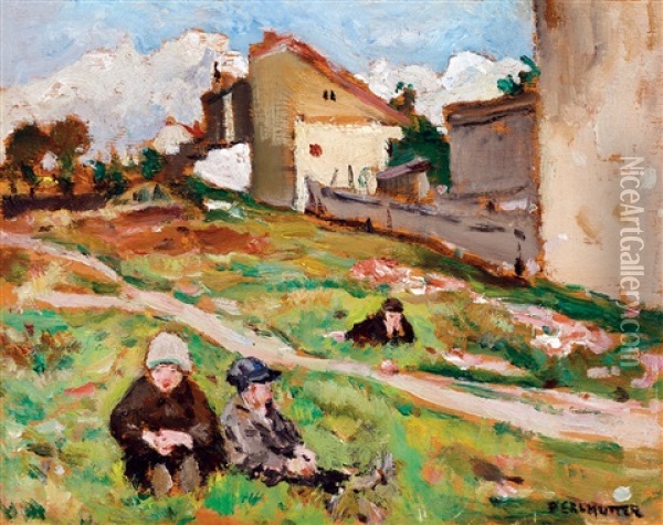 Children On The Hill-side Oil Painting - Izsak Perlmutter