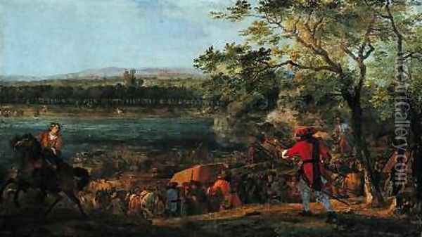 The Arrival of the Pontoneers for the Crossing of the Rhine late 17th century Oil Painting - Adam Frans van der Meulen
