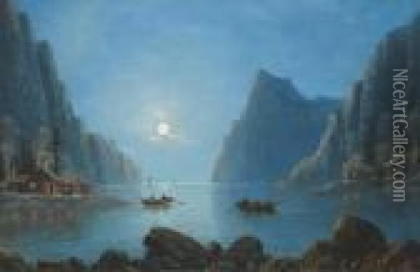 Rowing On A Fjord At Dusk; And Rowing On A Fjord By Moonlight Oil Painting - Nils Hans Christiansen
