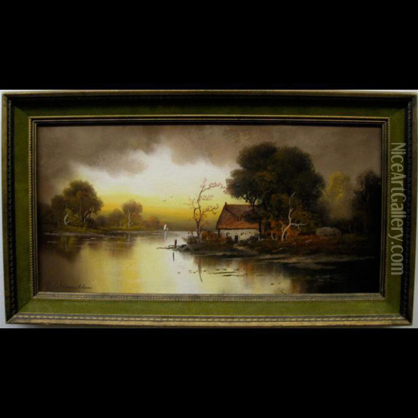 Riverside Cottage At Sunset Oil Painting - Winthrop Chandler