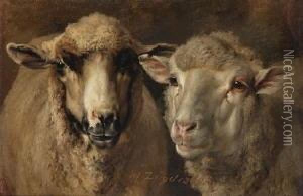 Zwei Schafe. Oil Painting - Heinrich Johann Von Zugel