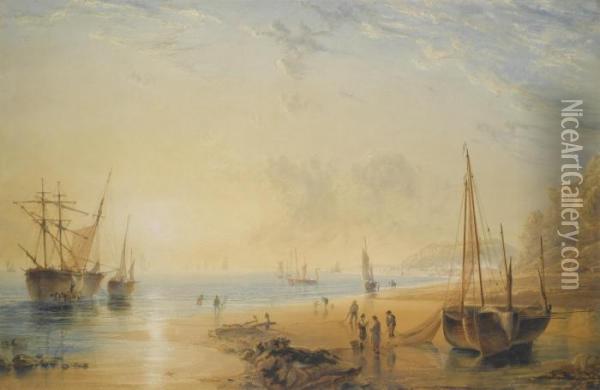 Fisherfolk On The Shore Near Dover At Sunset Oil Painting - Anthony Vandyke Copley Fielding