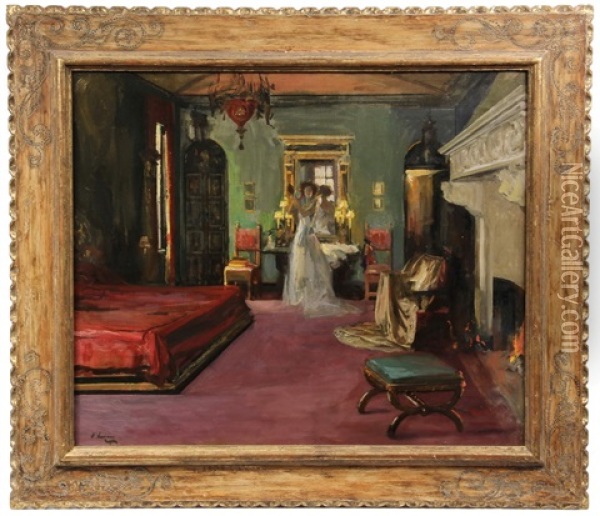 Mrs. Rosen Standing In Her Bedroom Suite Interior Wih Fireplace Oil Painting - John Lavery