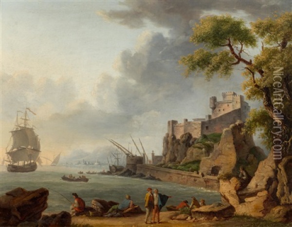 Pair Of Works: Coastal Landscapes With Mountain And Figures Oil Painting - Charles Francois Lacroix