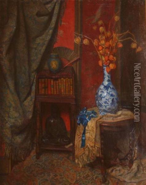 Still Life With Asian Props Oil Painting - Georges Jamotte