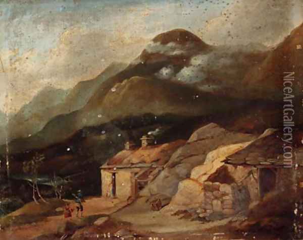Figures before a croft in a Highland landscape Oil Painting - English School