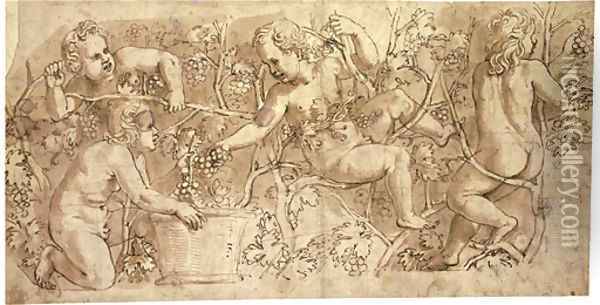 Putti picking grapes Design for a frieze Oil Painting - Giulio Romano (Orbetto)
