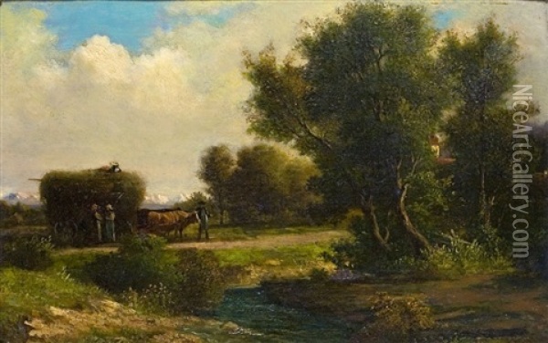 Baumbestandene Landschaft Mit Bauern Bei Der Heuernte Oil Painting - Georg Koebel