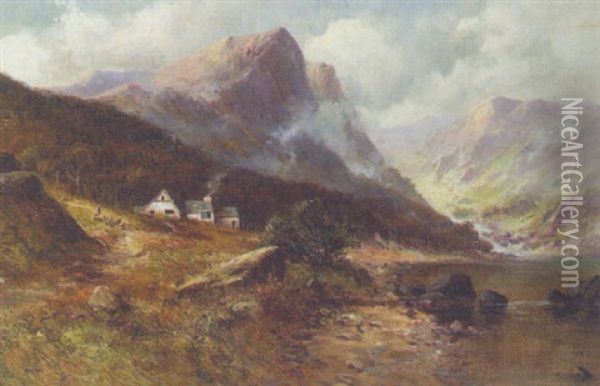 Cottages On The Bank In A Welsh Mountainous Landscape Oil Painting - William Langley