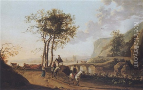 Horsemen And Elegant Riders In A Landscape Oil Painting - Abraham Van Calraet