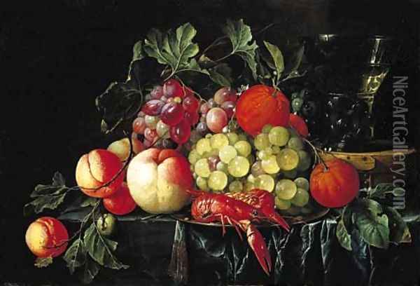 Peaches, oranges, grapes on the vine and crayfish on a pewter plate, with a roemer on a box on a partly draped stone ledge Oil Painting - Cornelis De Heem
