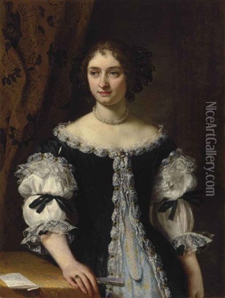Portrait Of Maria Maddalena Rospigliosi Panciatichi (1645-1695), Half-length, In A Black Surcote Trimmed With Silver Embroidery Over A Brocade Gown, Holding A Fan, By A Draped Table With A Letter Oil Painting - Carlo Maratta