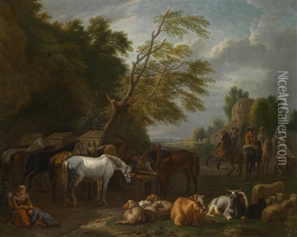 Ein Kavallerielager In Landlicher Umgebung Oil Painting - Pieter van Bloemen