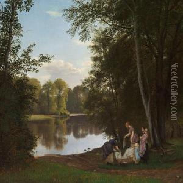 Quiet Summer Evening At A Lake In The Forest Oil Painting - P. C. Skovgaard