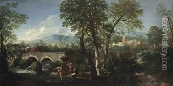 A River Landscape With A Bridge Oil Painting - Paolo Anesi