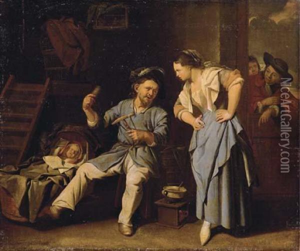 A Man Spinning Yarn With A Peasant Woman And A Baby In A Wicker Cot Oil Painting - Jacob Van Toorenvliet