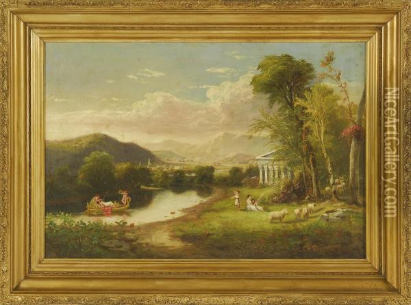 Classical Scene With Cherubs, 
A Temple And A Swan Boat With Figures And Distant Mountains Oil Painting - William G. Boardman