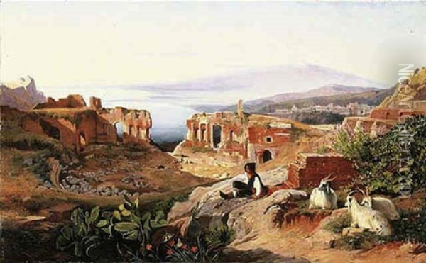 A View Of Taormina, Sicily, With Mt. Etna In The Distance Oil Painting - Edward Lear