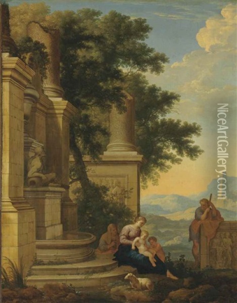 An Extensive Landscape With The Holy Family, Saints Anne And John The Baptist By Classical Ruins Oil Painting - Henri de Mauperche