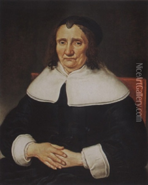 A Portrait Of An Elderly Lady, Wearing A Black Satin Dress With White Collar And Cuffs And A Black Bonnet Oil Painting - Dirck Druyf