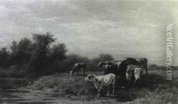 Cows Watering Oil Painting - Hendrik Savry