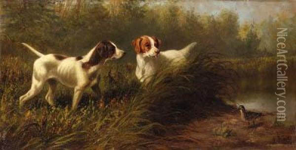 On Point, A Setter And Pointer Wih A Woodcock Oil Painting - Arthur Fitzwilliam Tait