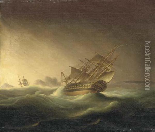 A First Rater In A Gale Oil Painting - Thomas Buttersworth