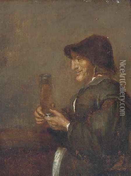 A peasant man smoking a pipe in an interior Oil Painting - Joos van Craesbeeck