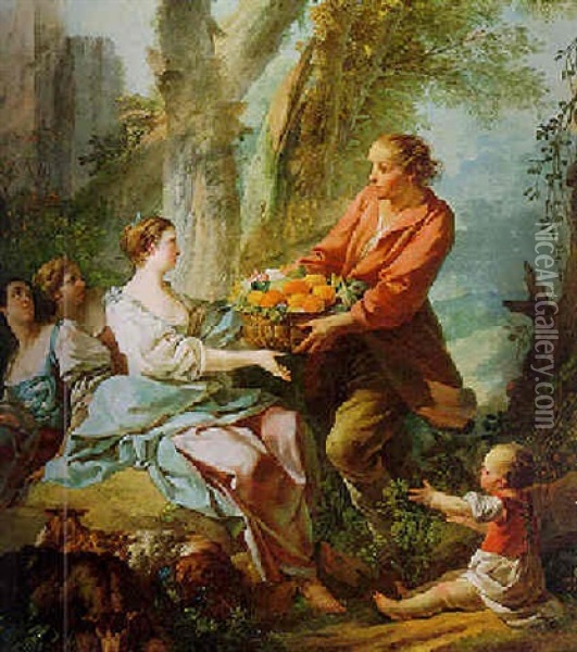 Pastoral Scene With A Young Man Presenting A Basket Of Fruit To A Young Woman Oil Painting - Jean Baptiste Marie Pierre
