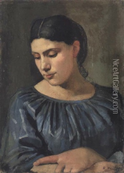 Madchenbildnis In Blau - Frauenbildnis - Savoyerin Oil Painting - Ferdinand Hodler