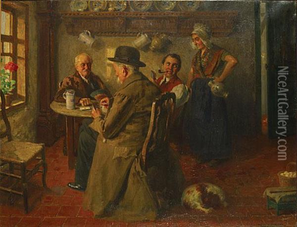 'de Kaartspelers'. Oil Painting - Henri Kokken