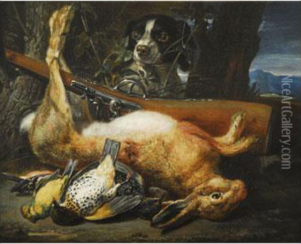 Bodegon De Caza Con Perro, Liebre Y Escopeta Oil Painting - David de Coninck