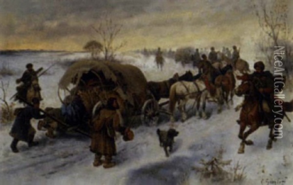 Planwagenzug In Winterlandschaft Oil Painting - Adolf (Constantin) Baumgartner-Stoiloff
