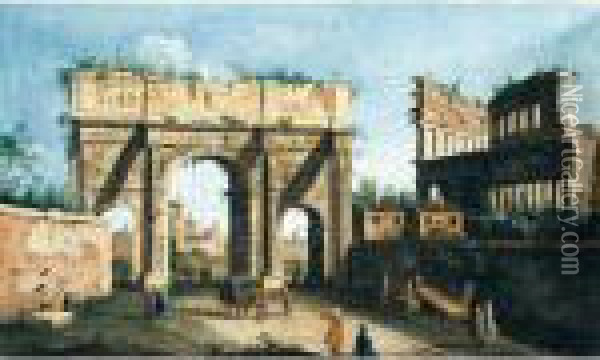 Rome, A View Of The Arch Of Constantine, With The Colosseum In The Right Background Oil Painting - Apollonio Domenichini