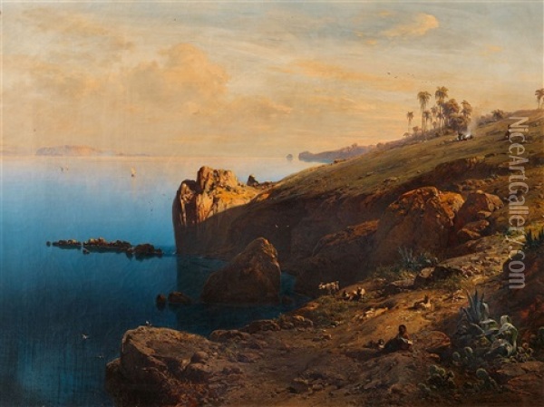 A Southern Coastline (possibly Madeira) Oil Painting - Eduard Hildebrandt