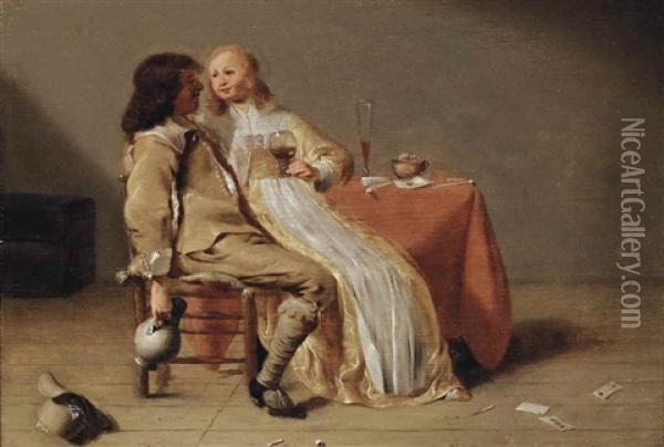 An Elegant Couple Drinking At A Table Oil Painting - Jacob Jansz (Jan) van Velsen