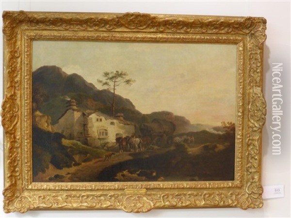 Figures With Horses And Cart Before A Cottage, Possibly Patterdale Oil Painting - Philip James de Loutherbourg
