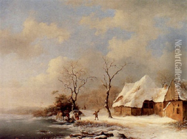 Woodgatherers In A Winter Landscape Oil Painting - Frederik Marinus Kruseman