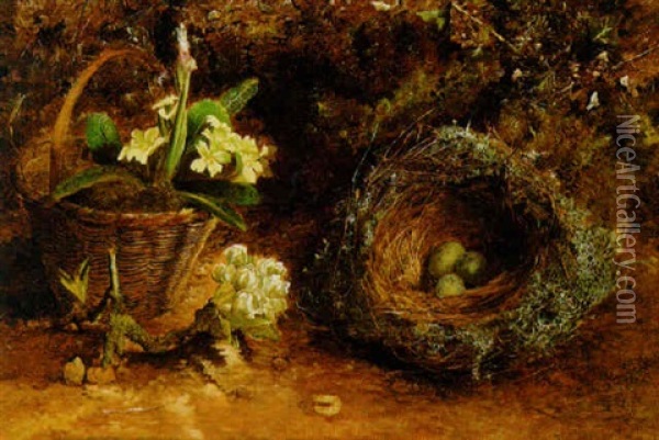 A Basket Of Primulas, Eggs In A Nest And A Sprig Of Apple Blossom On A Mossy Bank Oil Painting - Charles Archer