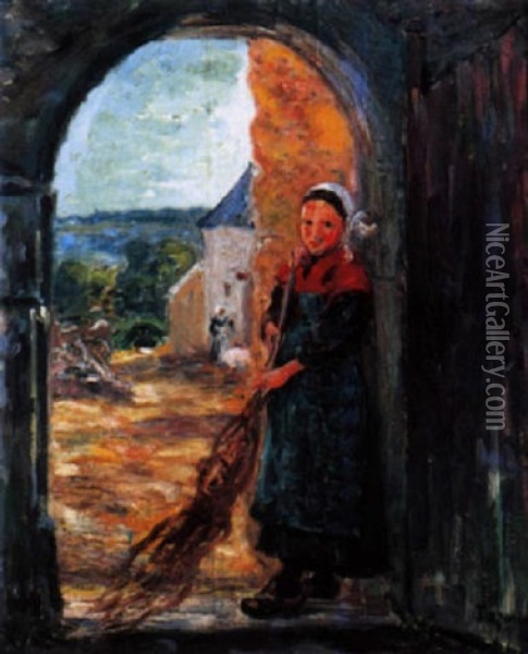 Jeune Bretonne Sous La Porte Cintree Oil Painting - Emile Alfred Dezaunay