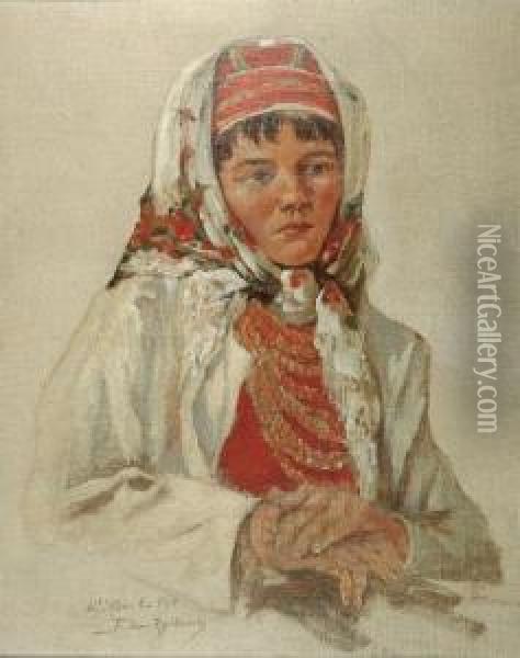 Portret Wiesniaczki Oil Painting - Tadeusz Rybkovski