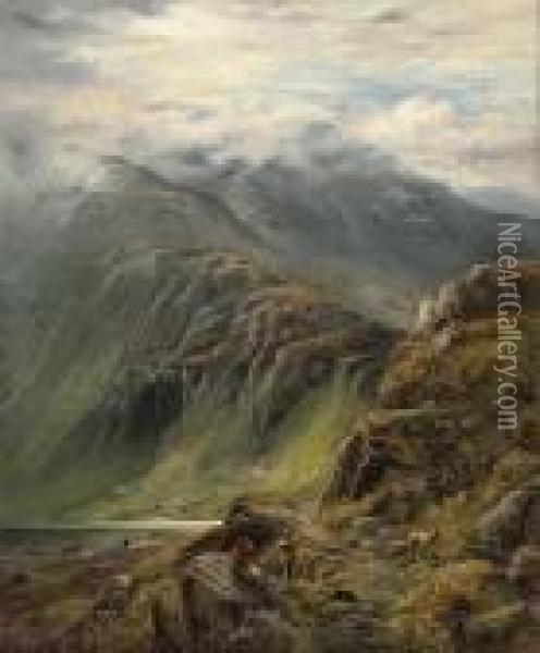 Highland Scene With Sheep And Figures In The Foreground Oil Painting - Alfred Augustus Glendening