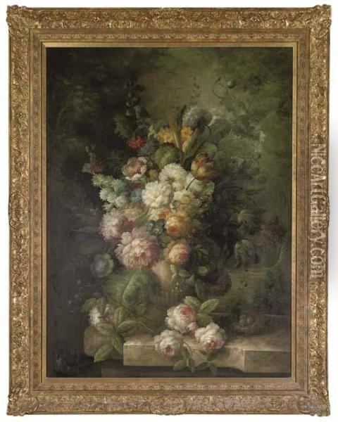 Poppies,tulips And Other Flowers On A Stone Hedge Oil Painting - Jan Van Huysum