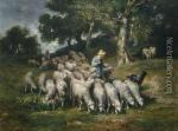 Flock Of Sheep In A Landscape Oil Painting - Louis Marie Dominique Romain Robbe