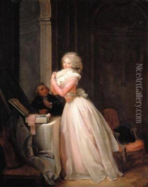 Lady At Her Toilet Wearing A Pink Dress Oil Painting - Louis Leopold Boilly