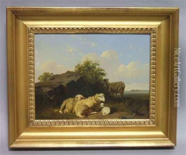 Lamb And Goat Resting Oil Painting - Edmond Tschaggeny