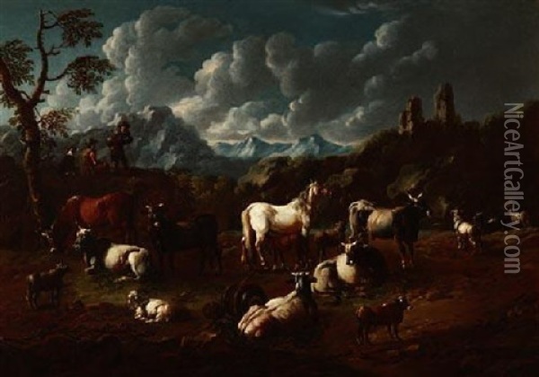 Italienische Hirten In Weiter Gebirgiger Landschaft Oil Painting - Cajetan Roos