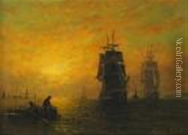 Shipping On Calm Seas With A Fisherman Pulliong In His Nets At Sunset Oil Painting - William Adolphus Knell