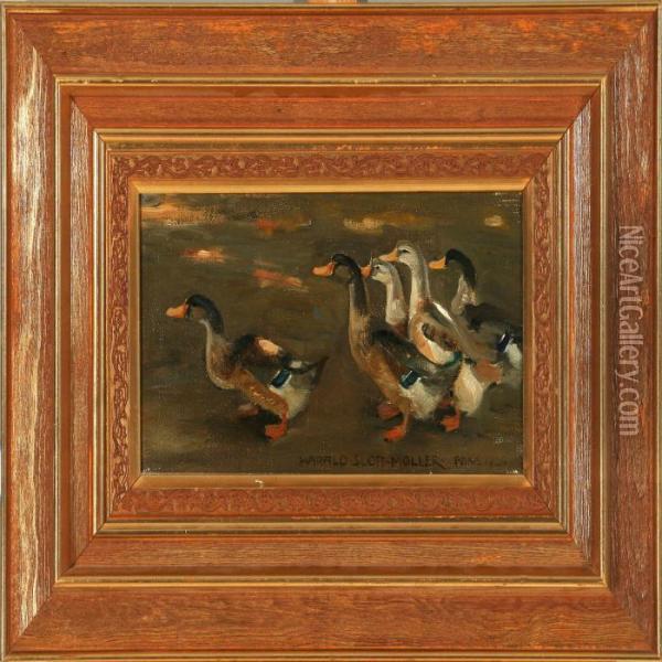 Five Ducks Oil Painting - Harald Slott-Moller