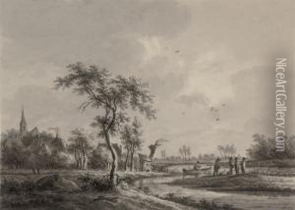 Figures On The Banks Of The Kromme Rijn, Werkhoven Oil Painting - Nicolaes Wicart